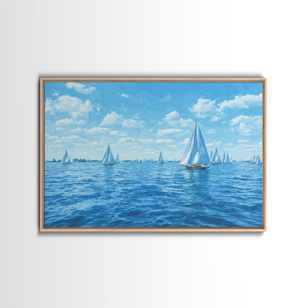 Blue Sailboats On Sparkling Summer Sea Wall Art, Coastal Modern Art Print, Nautical Decor, Beach House Living Room Poster
