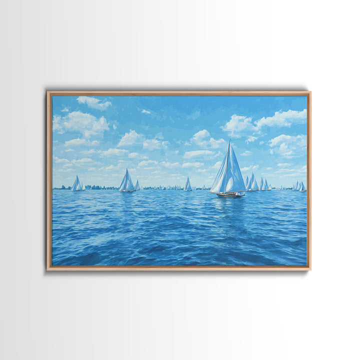 Blue Sailboats On Sparkling Summer Sea Wall Art, Coastal Modern Art Print, Nautical Decor, Beach House Living Room Poster