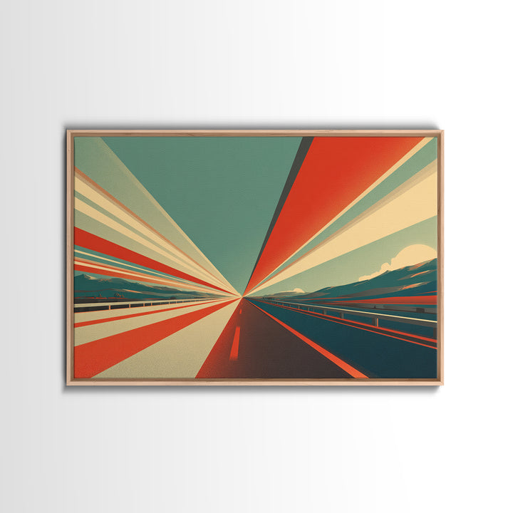 Retro Red Teal Highway Rays Canvas Print, Midcentury Modern Wall Art, Desert Road Poster, Bold Geometric Office Decor Print