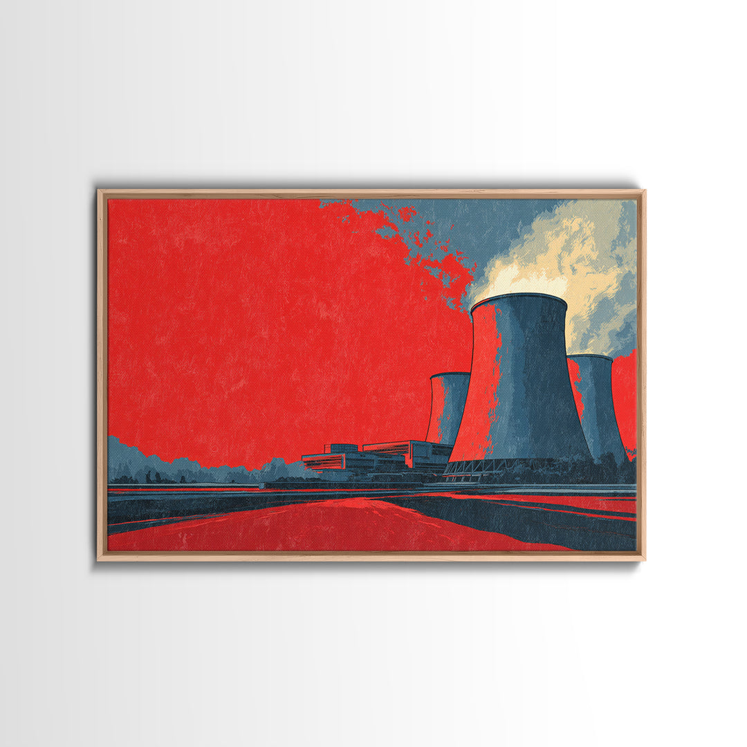 Red Industrial Cooling Tower Landscape Canvas Print, Atomic Retro Wall Art, Modern Architecture Decor, Bold Statement Poster