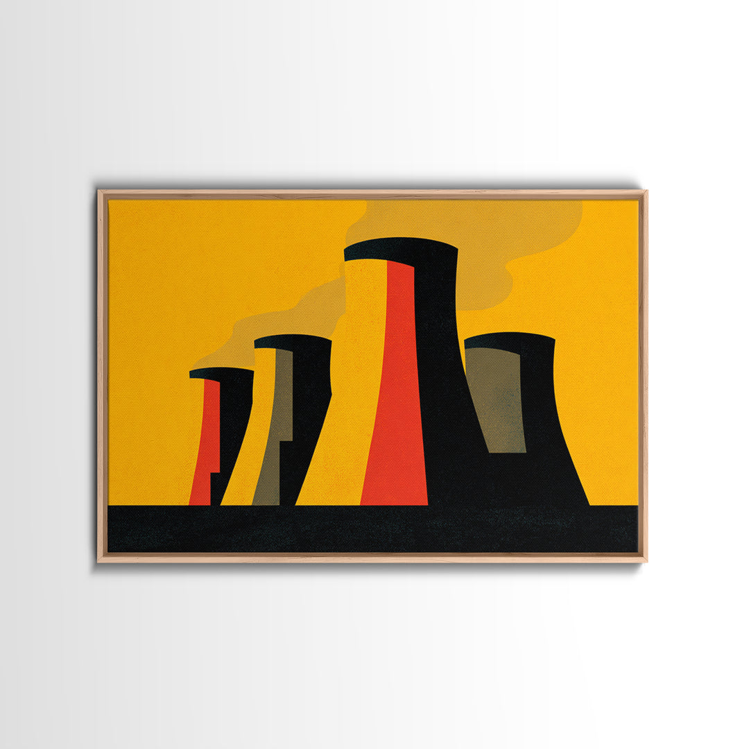 Graphic Cooling Towers At Sunset Wall Art, Midcentury Modern Art, Atomic Retro Poster, Orange Industrial Modern Wall Decor