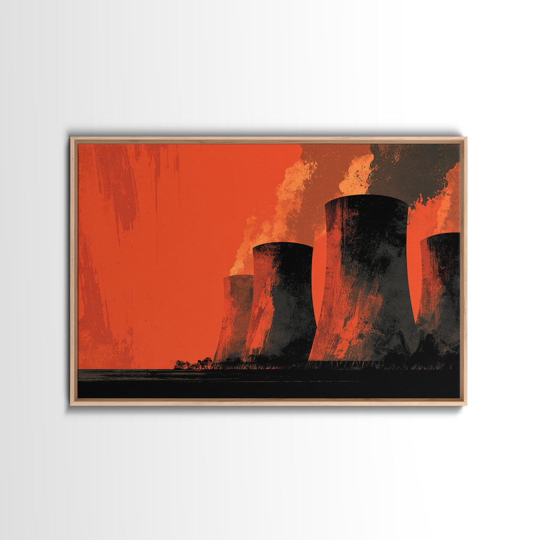 Smoky Cooling Towers In Orange Haze Framed Canvas Print, Midcentury Modern Art, Retro Wall Art, Moody Industrial Home Decor