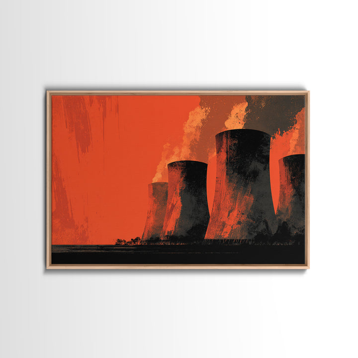 Smoky Cooling Towers In Orange Haze Framed Canvas Print, Midcentury Modern Art, Retro Wall Art, Moody Industrial Home Decor