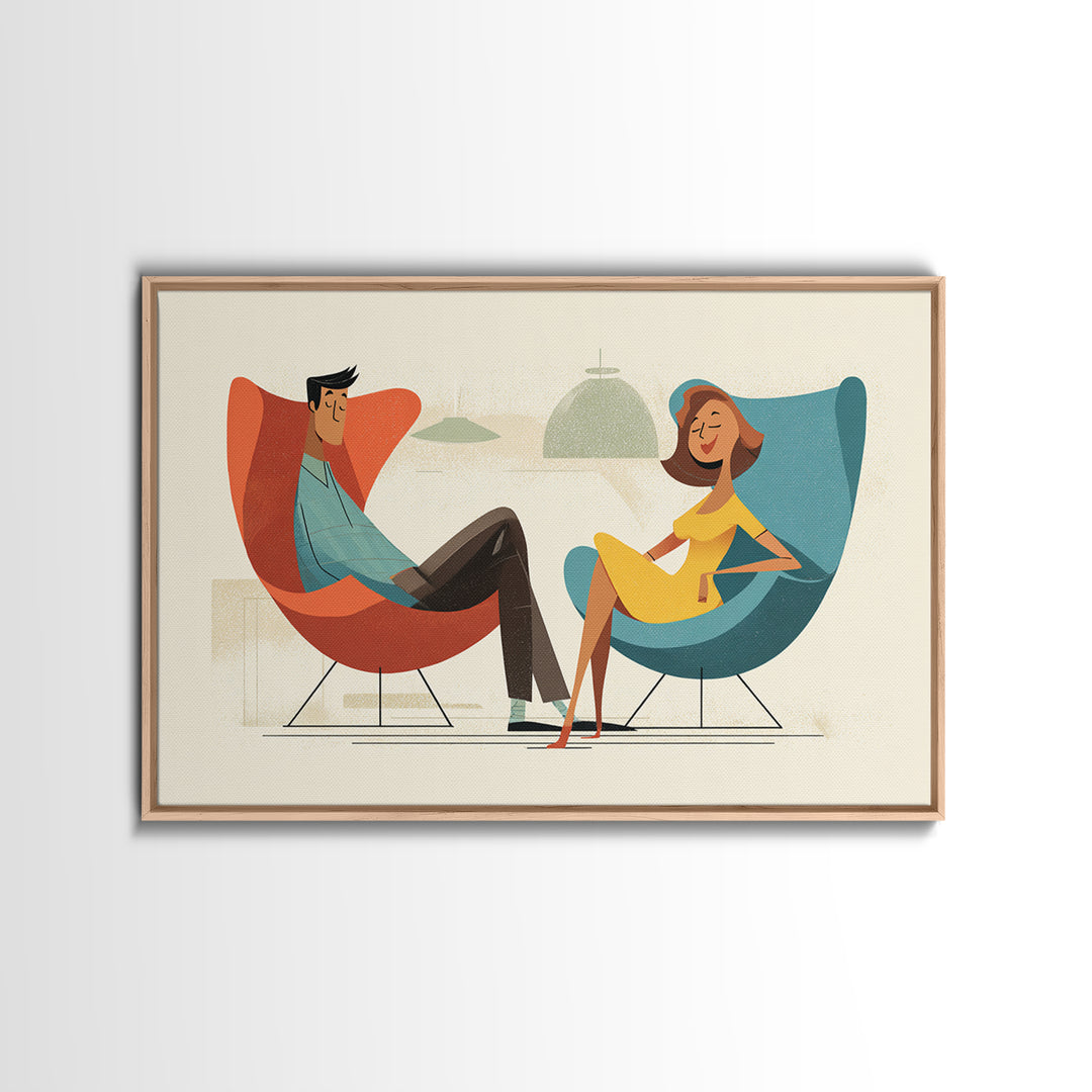 Stylish Couple In Egg Chairs Canvas Print, Midcentury Modern Art, Retro Wall Art, Atomic Lounge Decor, Colorful Home Print