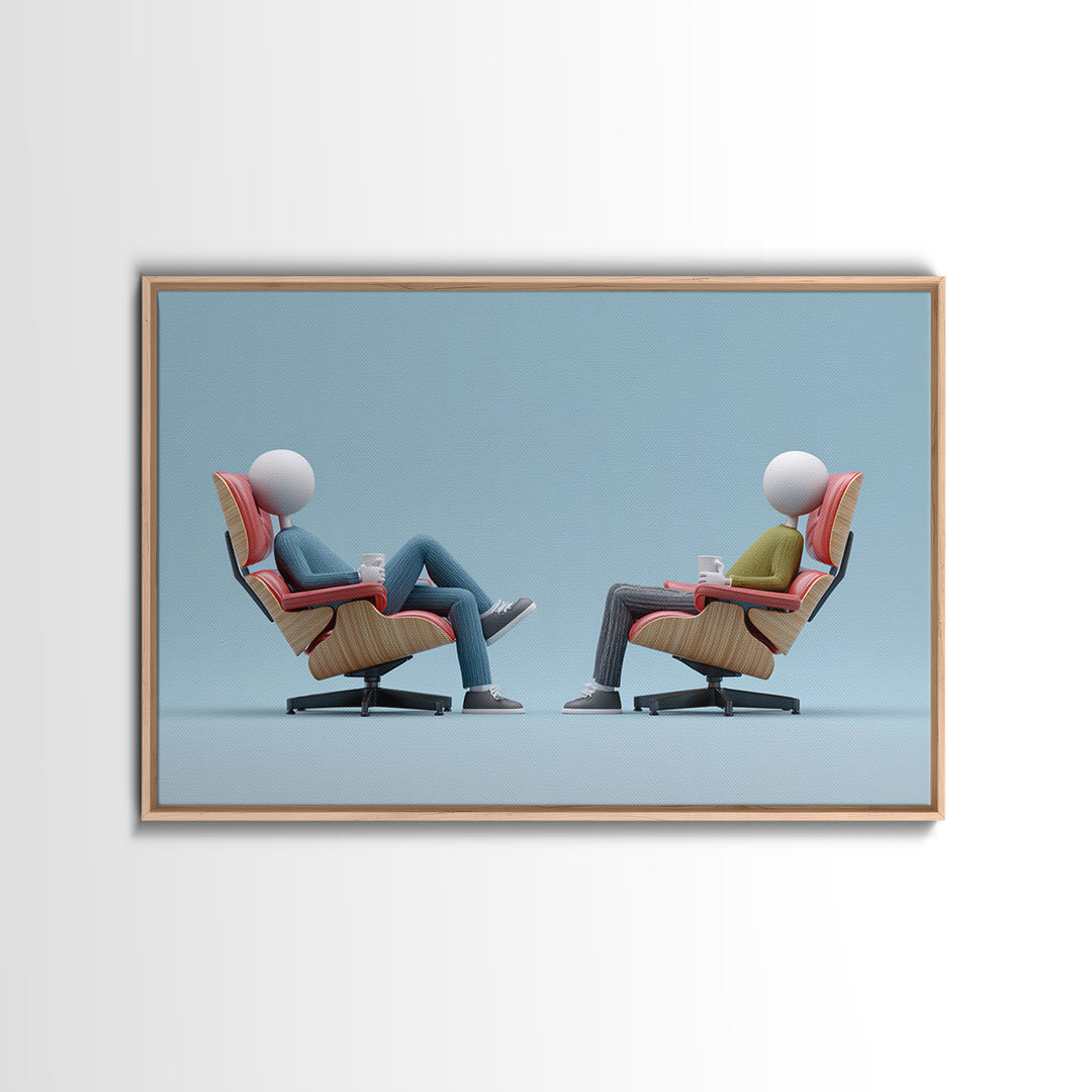 Faceless Figures In Retro Lounge Chairs Framed Canvas Print, Midcentury Modern Art, Minimalist Wall Art, Blue Office Decor
