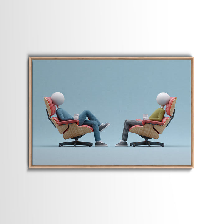 Faceless Figures In Retro Lounge Chairs Framed Canvas Print, Midcentury Modern Art, Minimalist Wall Art, Blue Office Decor