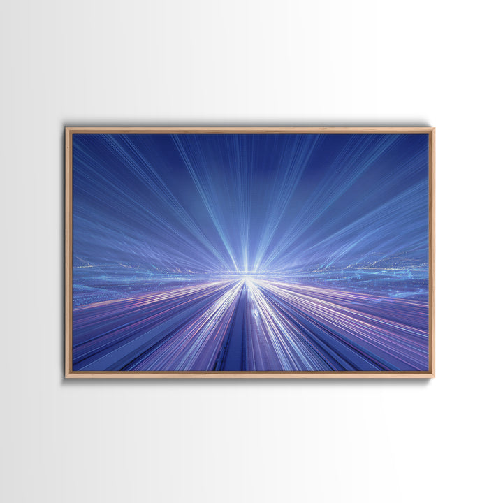 Electric Blue Light Trail Framed Canvas Print, Modern Abstract Art, Futuristic Highway Wall Decor, Sci Fi Office Poster Print
