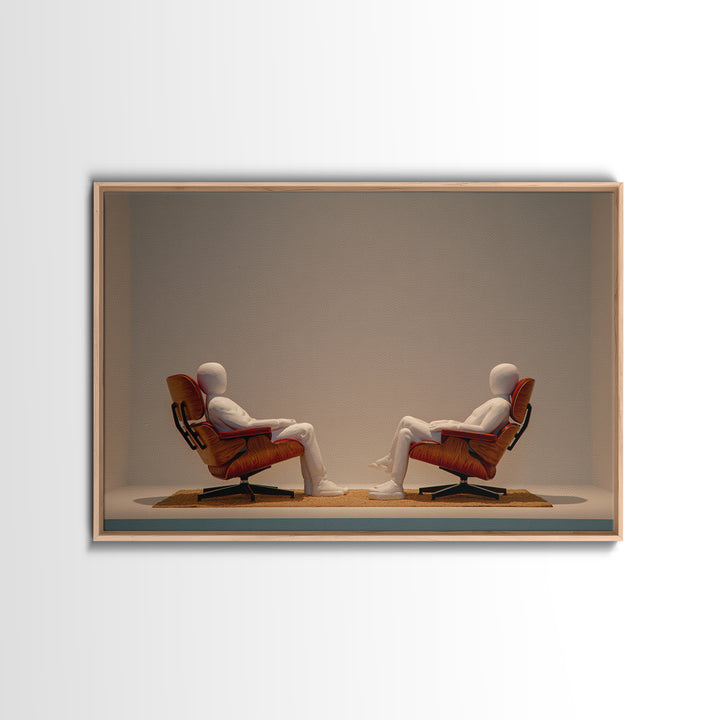Minimal Figures Facing In Lounge Chairs Canvas Print, Midcentury Modern Art, Retro Wall Art, Neutral Modern Home Decor Print