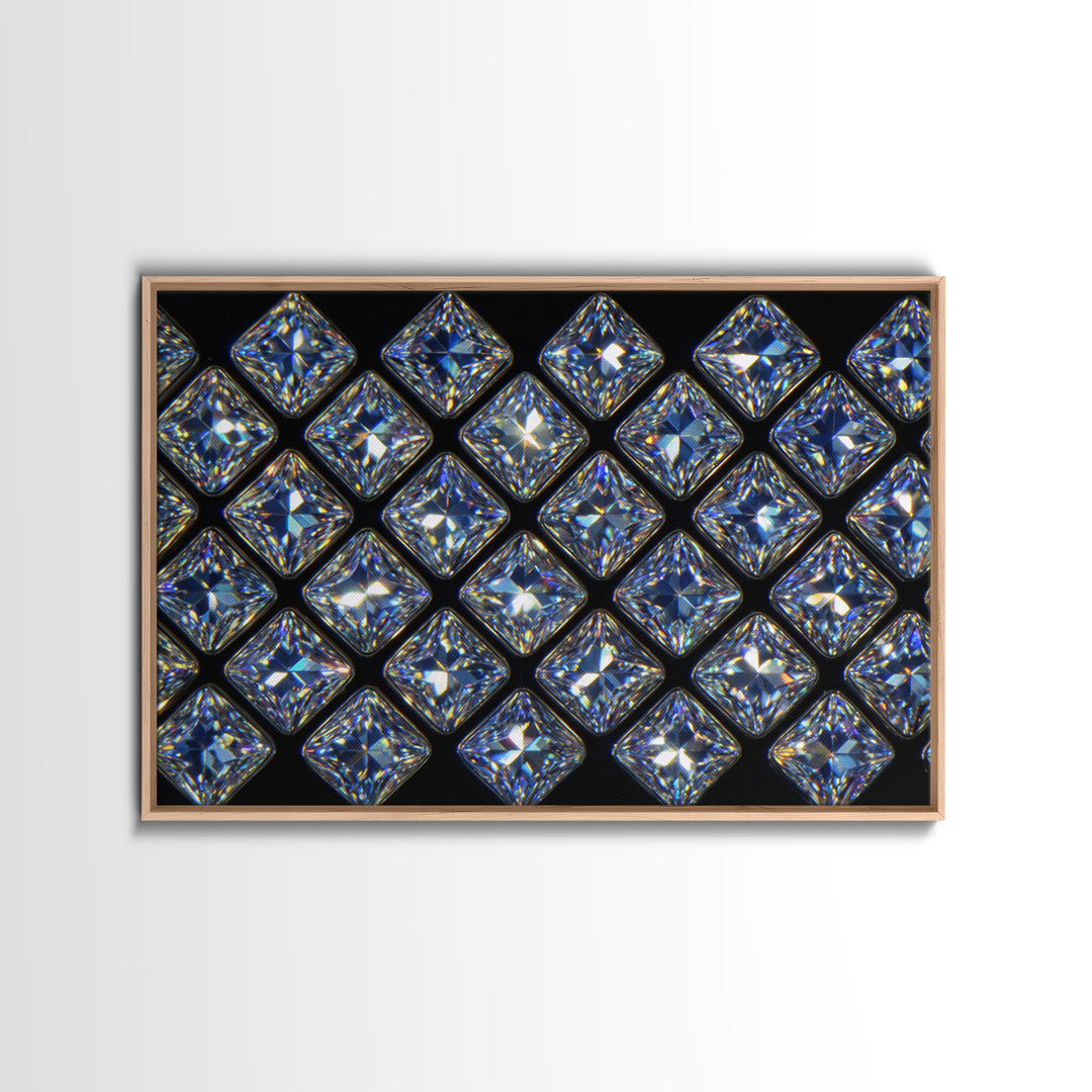 Blue Square Diamond Grid Canvas Print, Sparkling Geometric Wall Art, Modern Glam Decor, Black Luxury Poster, Gift For Her