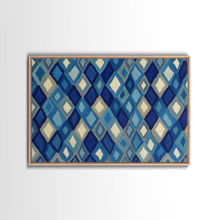 Blue Diamond Textile Pattern Wall Art, Geometric Modern Decor, Scandinavian Canvas Print, Coastal Abstract Poster For Home