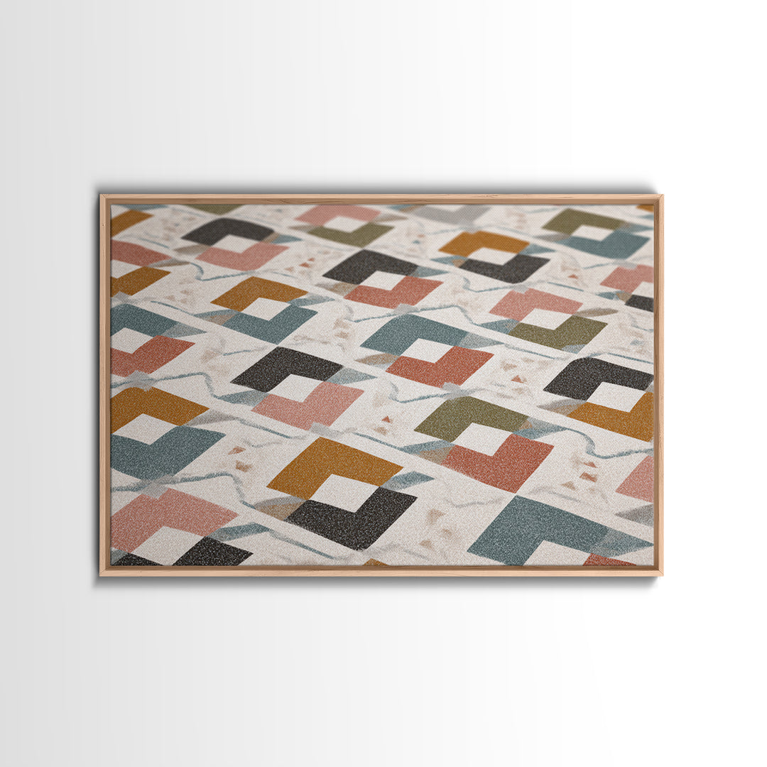 Retro Interlocking Square Pattern Wall Art, Mid Century Modern Decor, Geometric Canvas Print, Muted Color Textile Poster