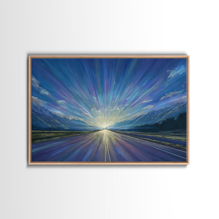 Mountain Sunrise Road Light Wall Art, Modern Landscape Print, Blue Scenic Office Decor, Contemporary Nature Home Decor Gift