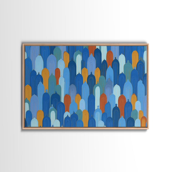 Blue Moorish Arch Pattern Canvas Print, Midcentury Modern Wall Art, Architectural Art, Geometric Poster For Living Room Decor