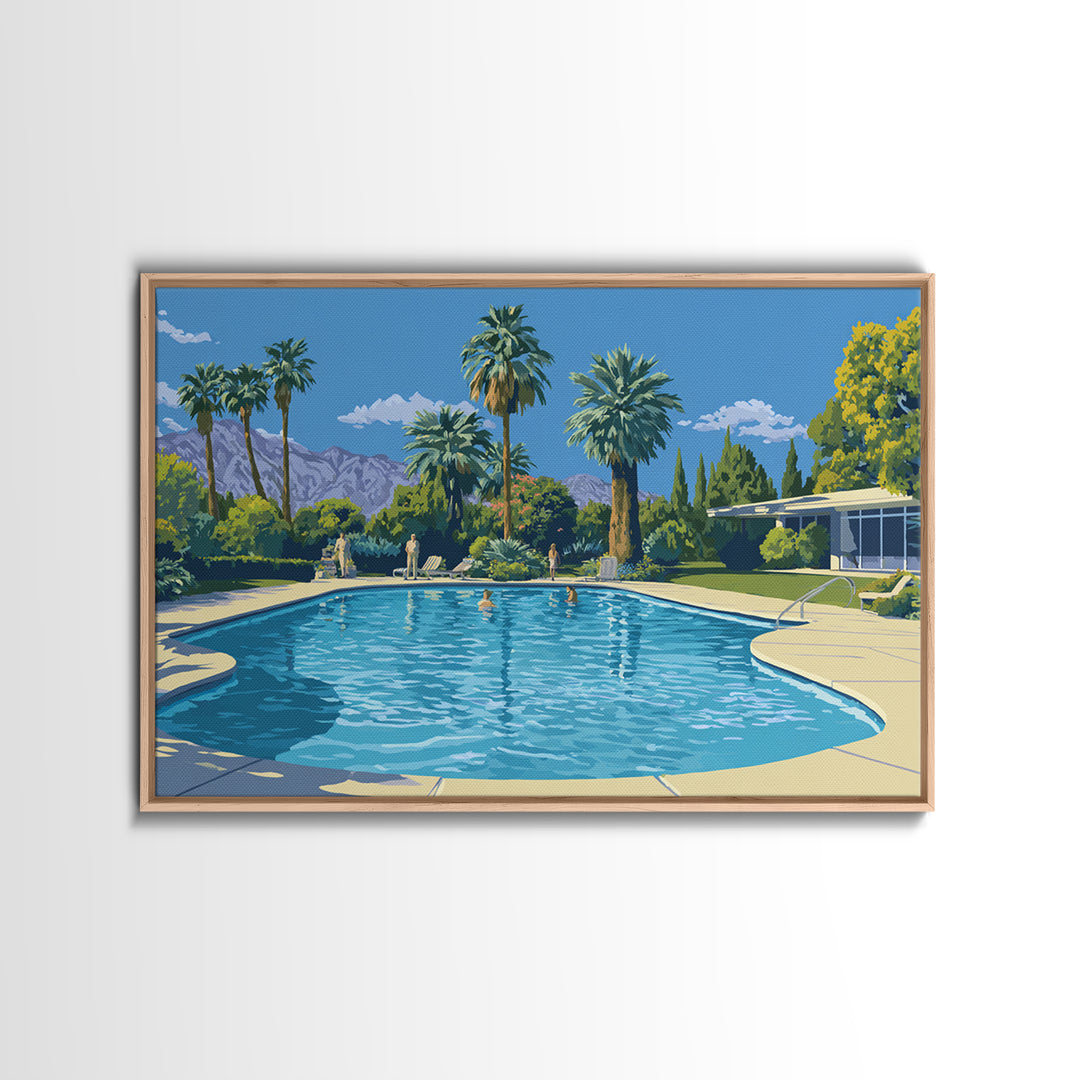 Palm Springs Swimming Pool Framed Canvas Print, Mid Century Modern Wall Art, California Travel Poster, Retro Home Decor Print