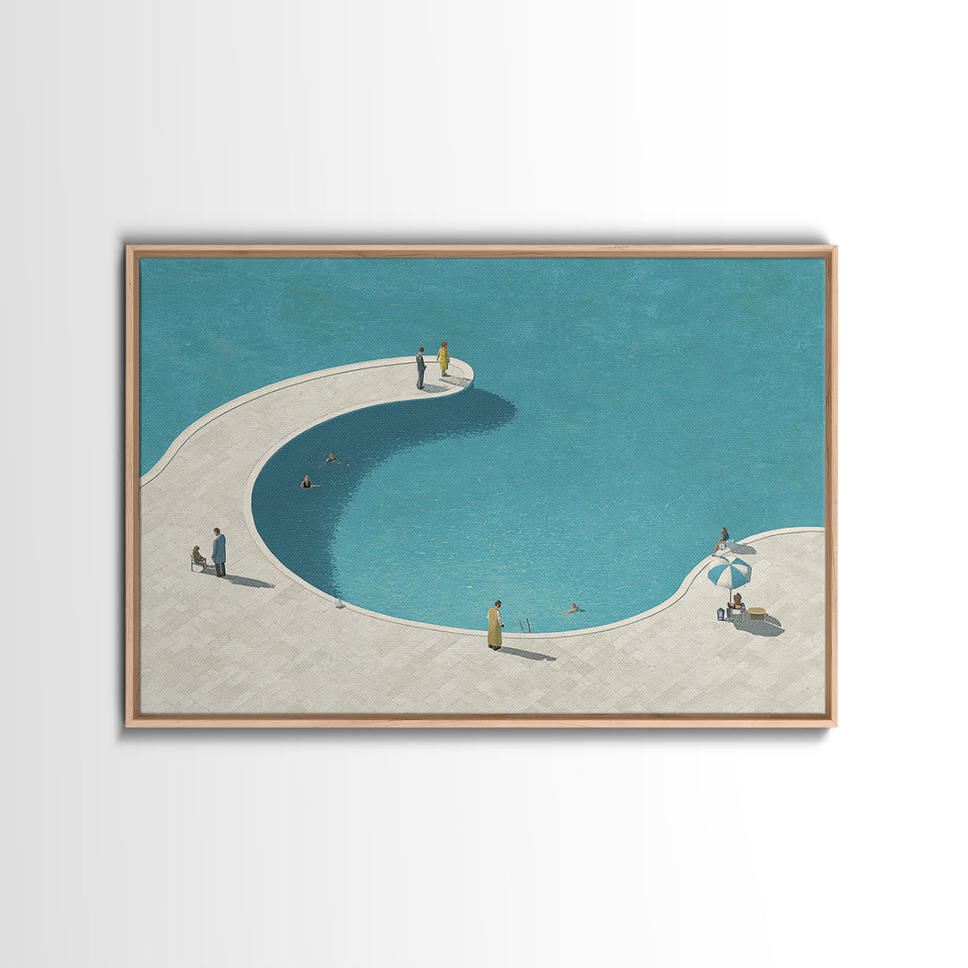 Minimal Curved Pool And Sunbathers Canvas Print, Mid Century Modern Wall Art, Blue Abstract Decor, Retro Summer Poster Print