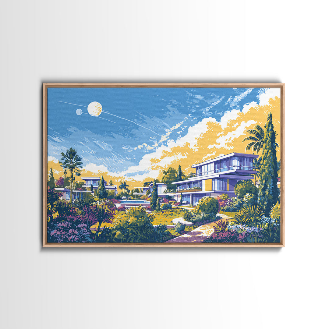 Modernist Garden Homes And Celestial Sky Canvas Print, Mid Century Modern Wall Art, Architectural Landscape Home Decor Poster