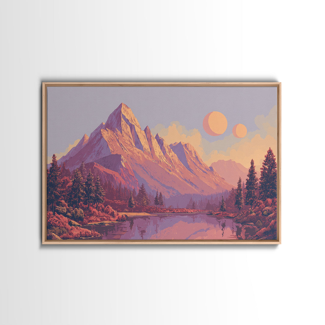 Pink Purple Alpine Lake Wall Art, Midcentury Modern Landscape Print, Retro Mountain Decor, Pastel Scenic Home Poster Gift