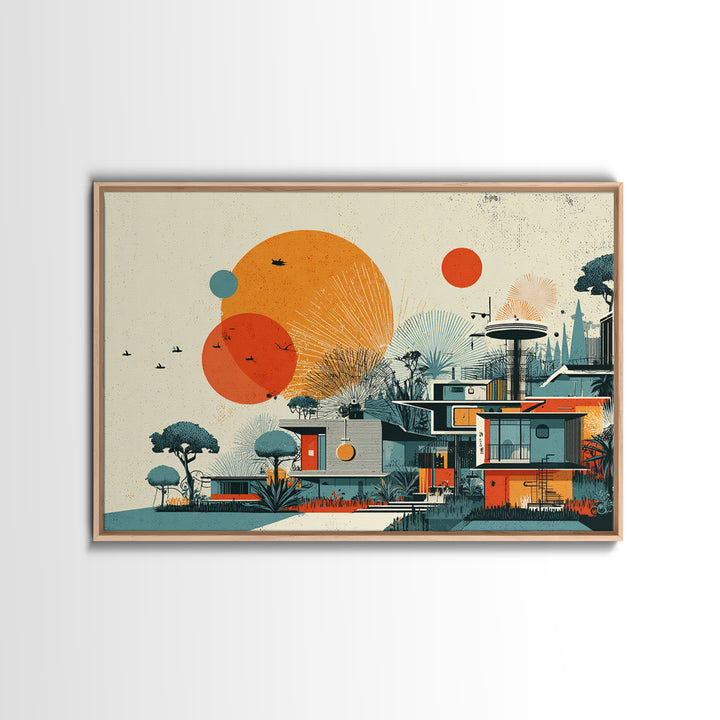 Orange Sun Modernist House And Birds Wall Art, Mid Century Modern Canvas Print, Atomic Desert Architecture Decor Poster Print