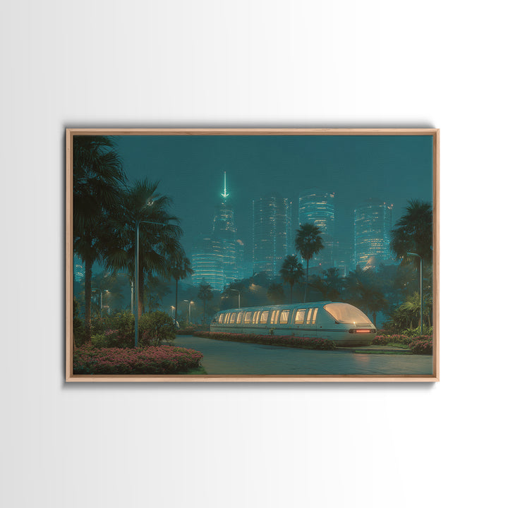 Neon Palm Monorail Futuristic Night City Wall Art, Retro Sci Fi Skyline, Teal Urban Decor, Modern Digital Art Print, For Living Room
