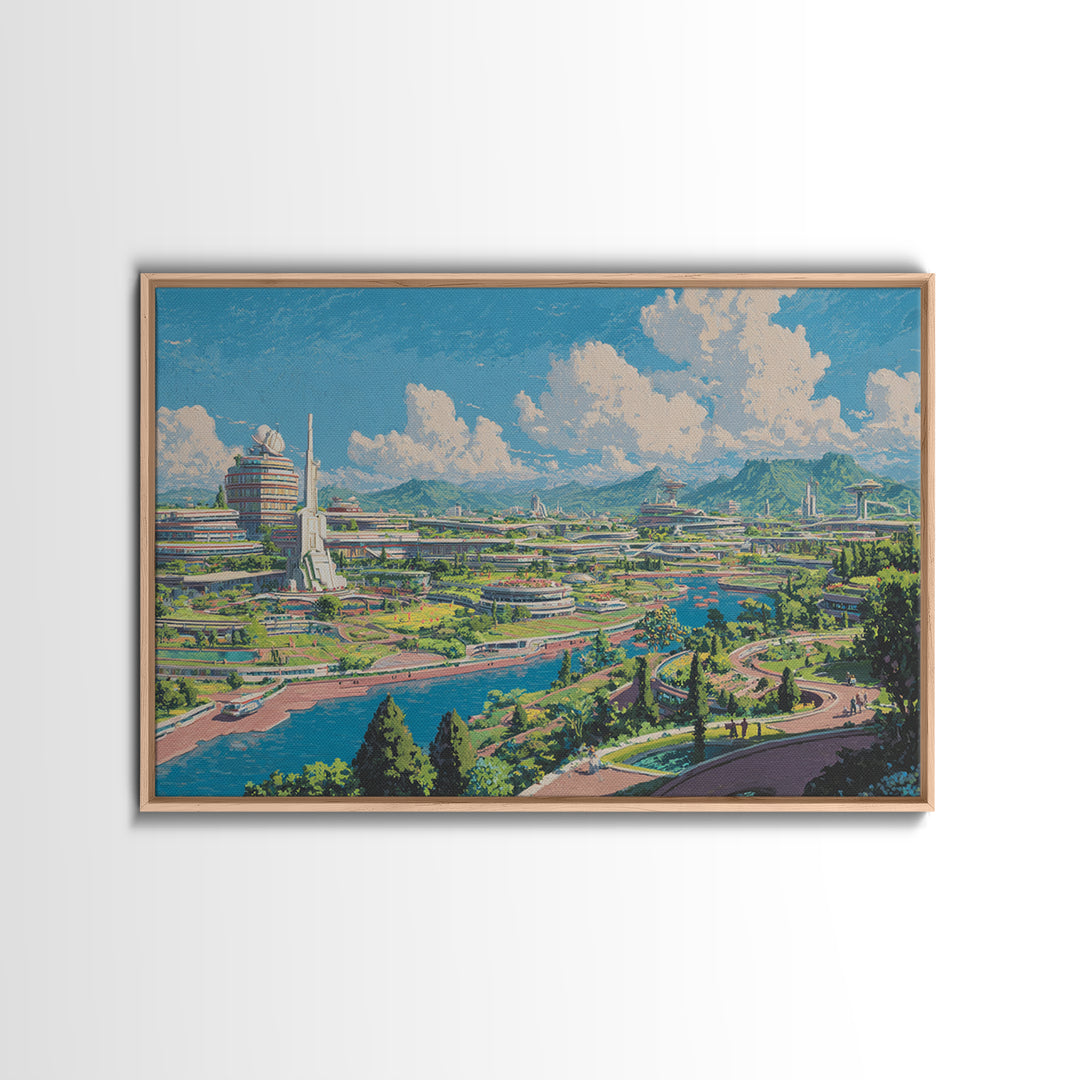 Sunny Retro Future Garden City Canvas Print, Utopian River Skyline, Mountain Landscape, Midcentury Modern Wall Decor Print