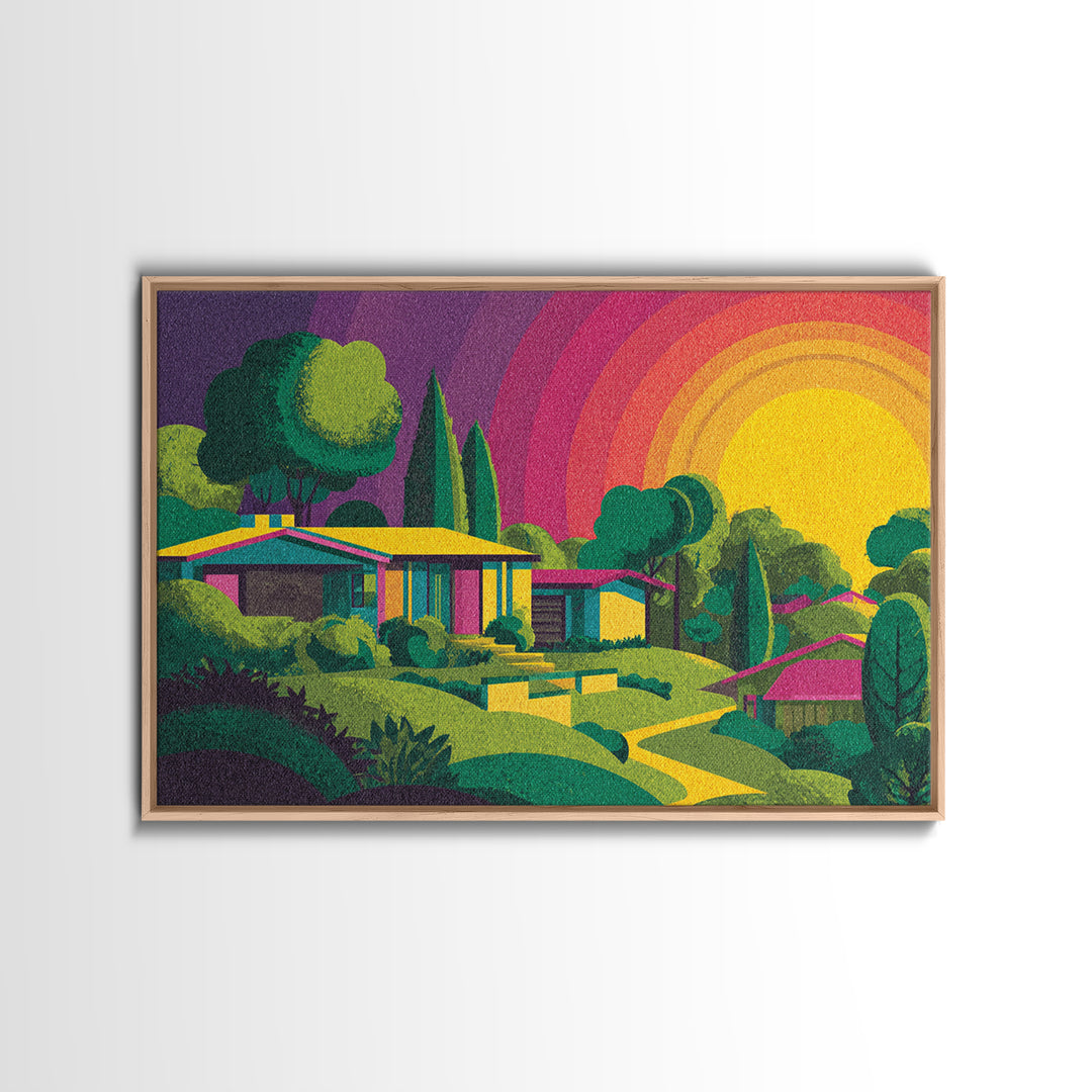 Colorful Midcentury Hillside Home Sunset Wall Art, Retro Palm Springs Decor, MCM Architecture Print, Groovy 70s Art Poster
