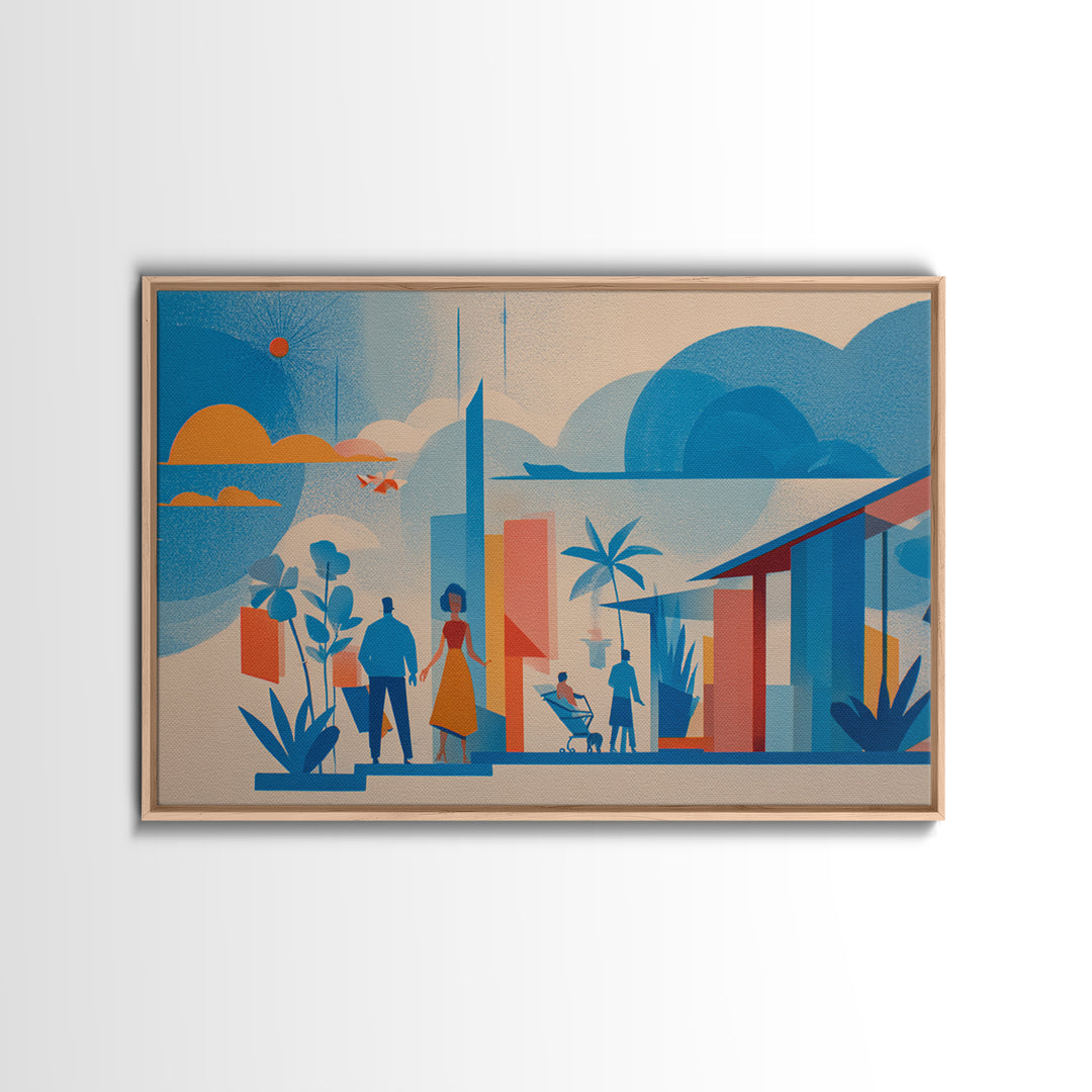 Pastel Family At Modernist Home Framed Canvas Print, Midcentury Wall Art, Scandinavian Blue Decor, Nursery Room Art Poster