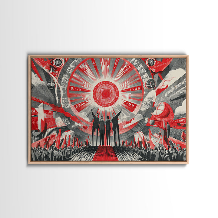 Red Futurist Rally With Rockets And Crowd Wall Art, Soviet Style Space Poster, Retro Sci Fi Propaganda Canvas Print Decor