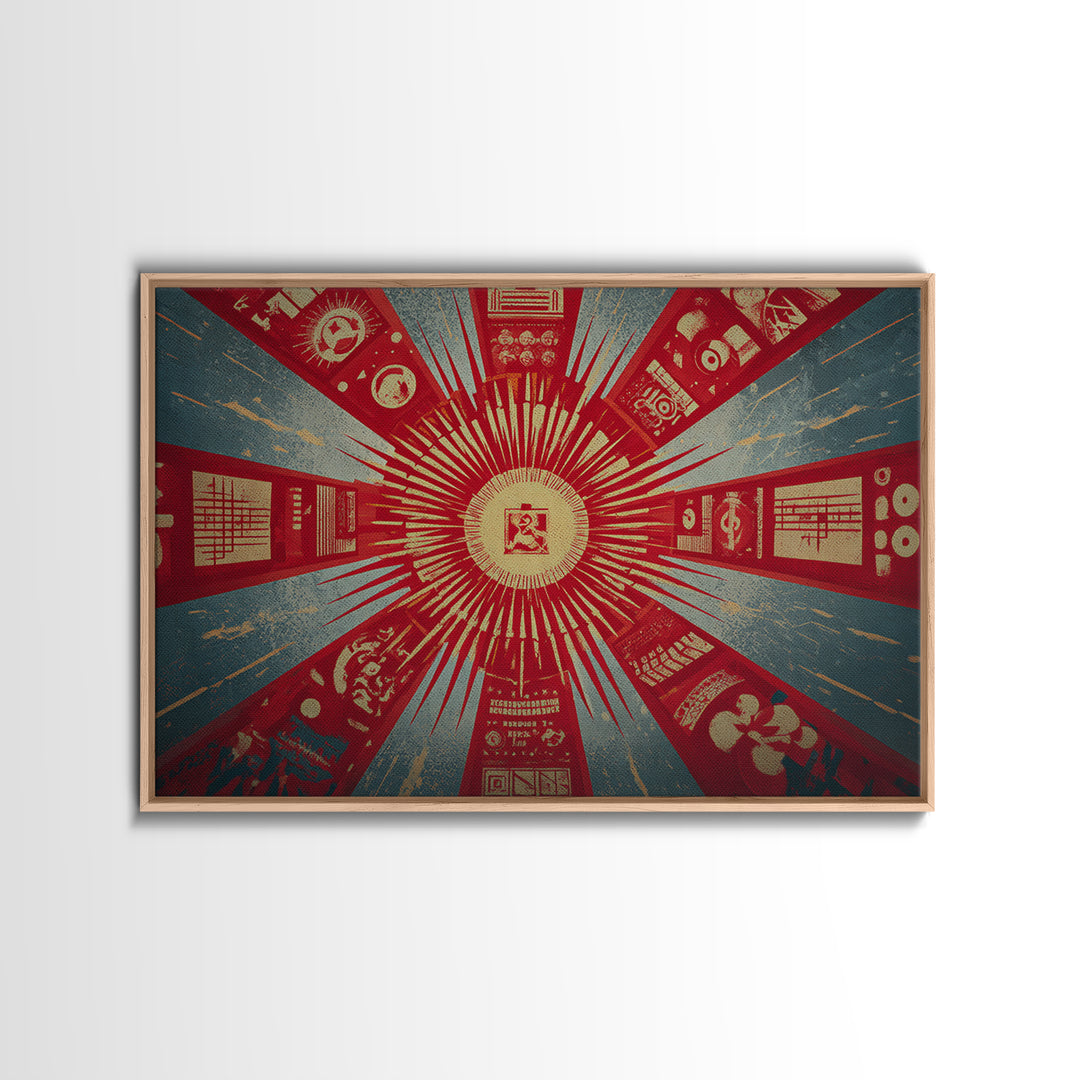 Radial Soviet Science Panels And Red Star Wall Art, Retro Futurist Propaganda Poster, Modern Geometric Canvas Print Decor