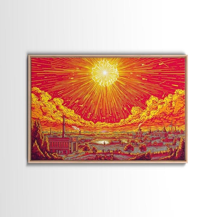 Radiant Industrial Sunburst City Wall Art, Retro Futurism Poster, Midcentury Modern Art, Atomic MCM Decor, Orange Print Gift