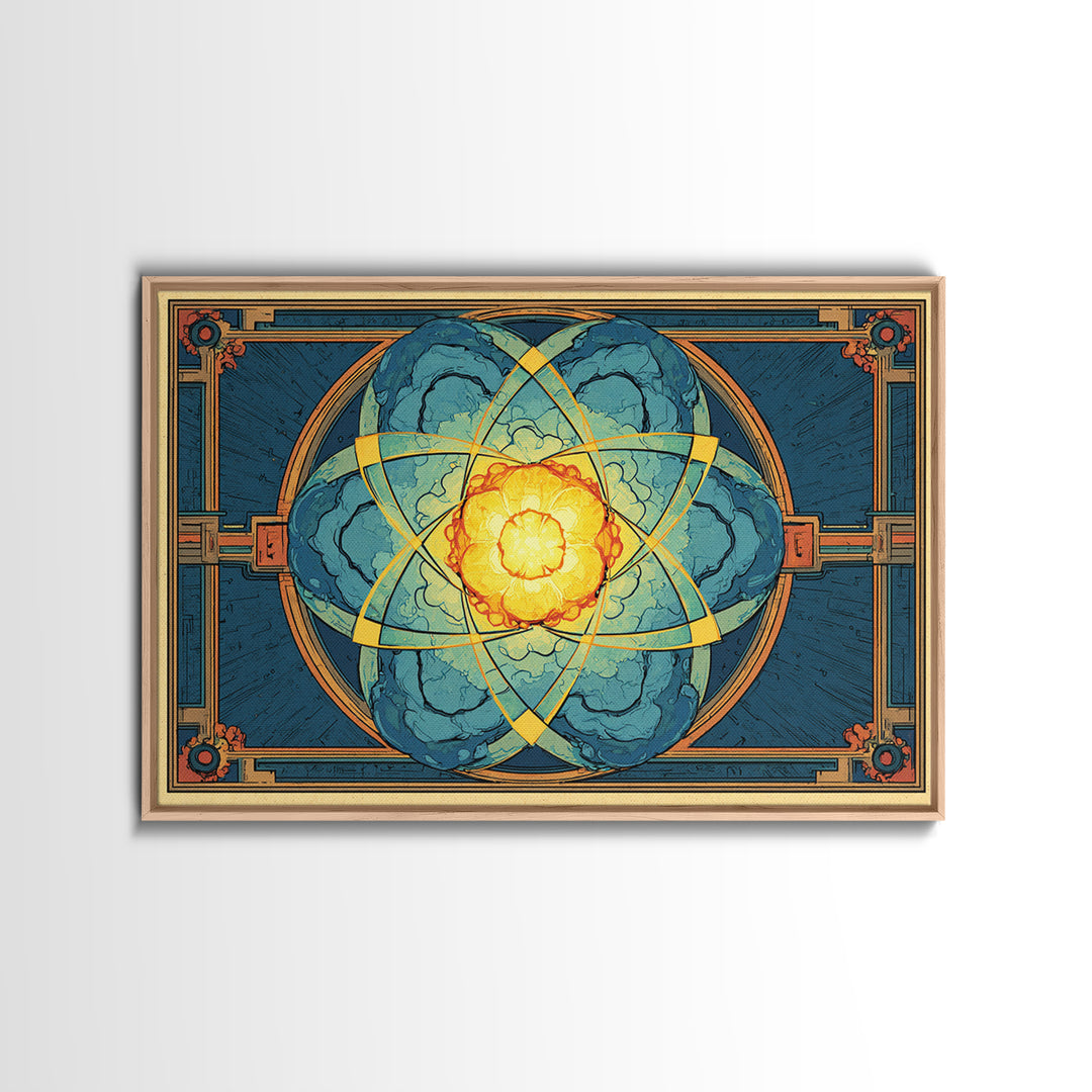 Ornate Atomic Explosion Framed Canvas Print, Art Deco Science Poster, Geometric Wall Art Decor, Midcentury Modern Print Gift