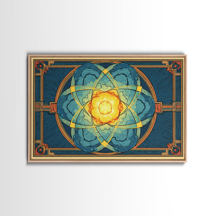 Ornate Atomic Explosion Framed Canvas Print, Art Deco Science Poster, Geometric Wall Art Decor, Midcentury Modern Print Gift