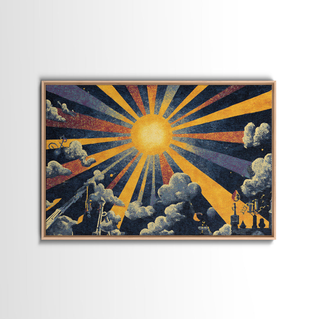Golden Sunburst Cloud Wall Art, Retro Art Deco Poster, Midcentury Modern Home Decor, Atomic Celestial Canvas Print Gift Idea