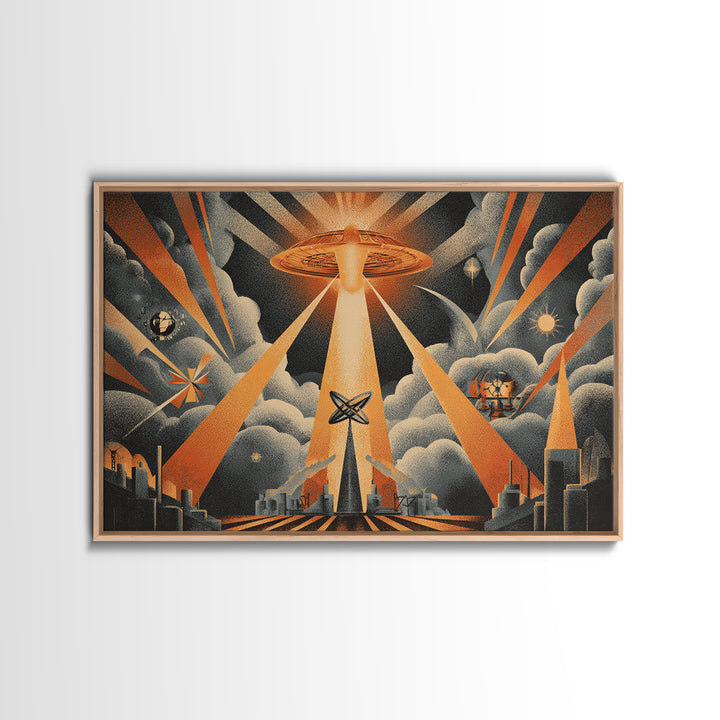 UFO Beam Over City Canvas Print, Retro Sci Fi Poster, Atomic Space Wall Art, Midcentury Modern MCM Decor, Orange Rays Print
