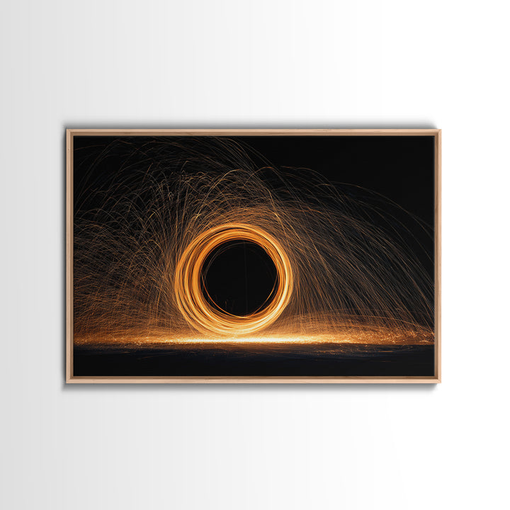 Orange Black Hole Light Trails Wall Art, Modern Abstract Art Print, Cosmic Retro Decor, Home Office Art, Framed Canvas Print