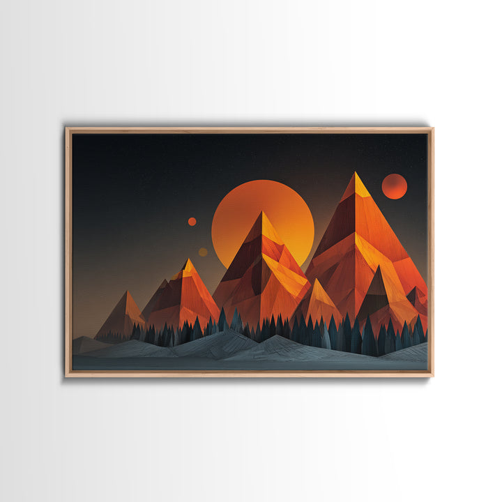 Orange Planet Pyramid Mountains Framed Canvas Print, Retro Futuristic Wall Art, Geometric Sci Fi Poster, MCM Home Decor Print