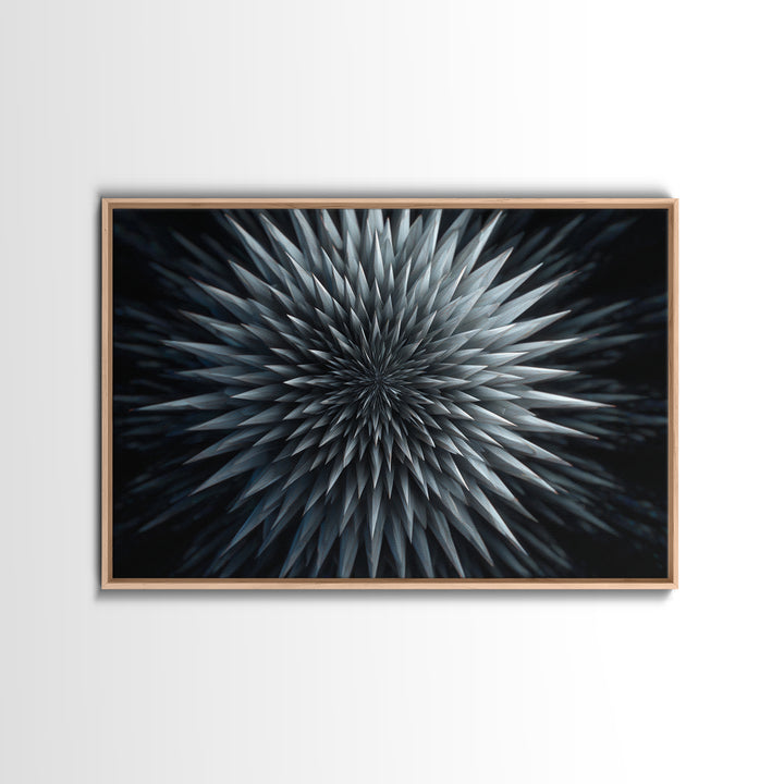 Metallic Crystal Starburst Framed Canvas Print, Modern Abstract Art, Geometric Wall Decor, Black Blue Statement Art Poster