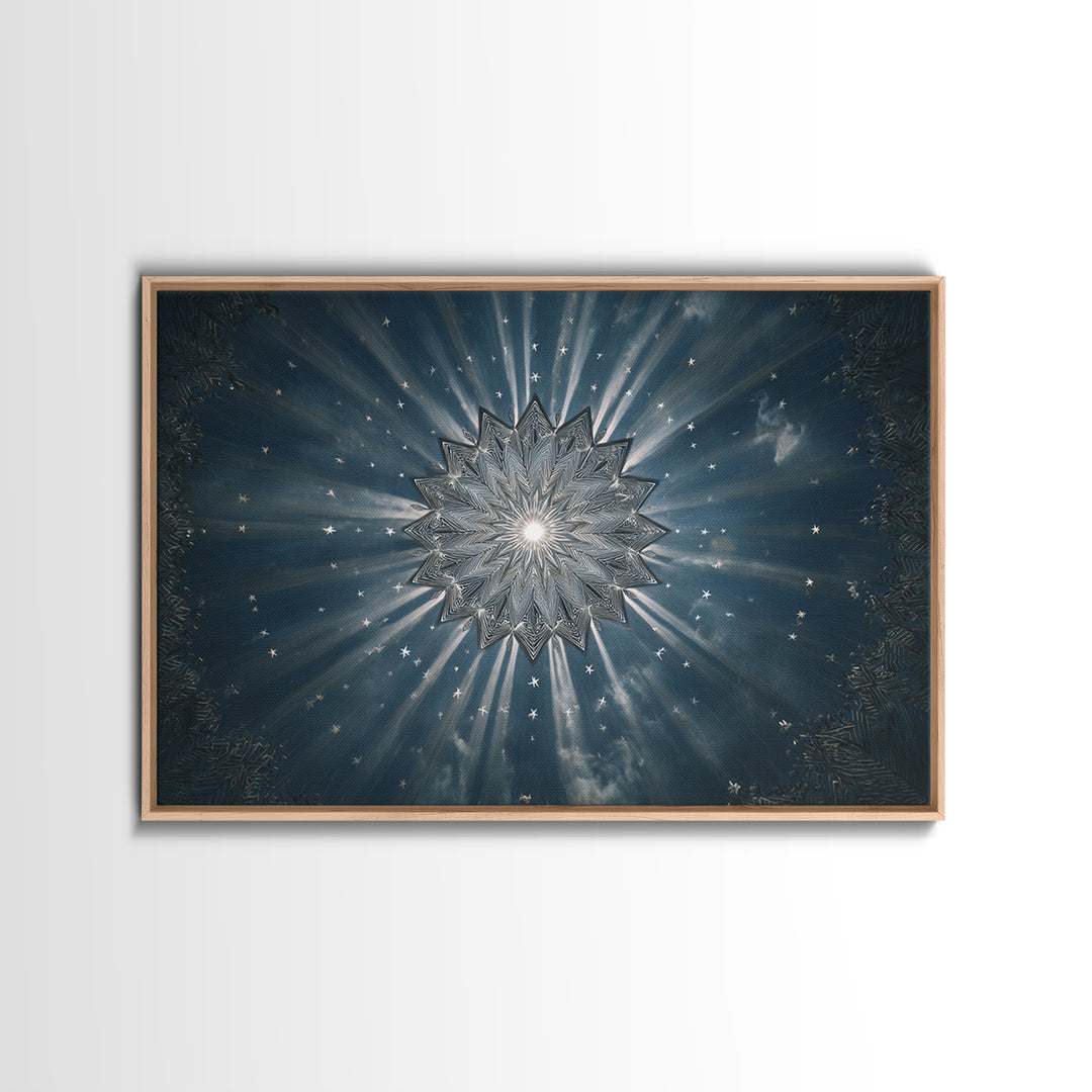 Radiant Blue Celestial Mandala Starburst Wall Art, Midcentury Modern Art Print, Atomic Retro Home Decor, Framed Canvas Print