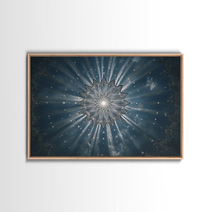 Radiant Blue Celestial Mandala Starburst Wall Art, Midcentury Modern Art Print, Atomic Retro Home Decor, Framed Canvas Print