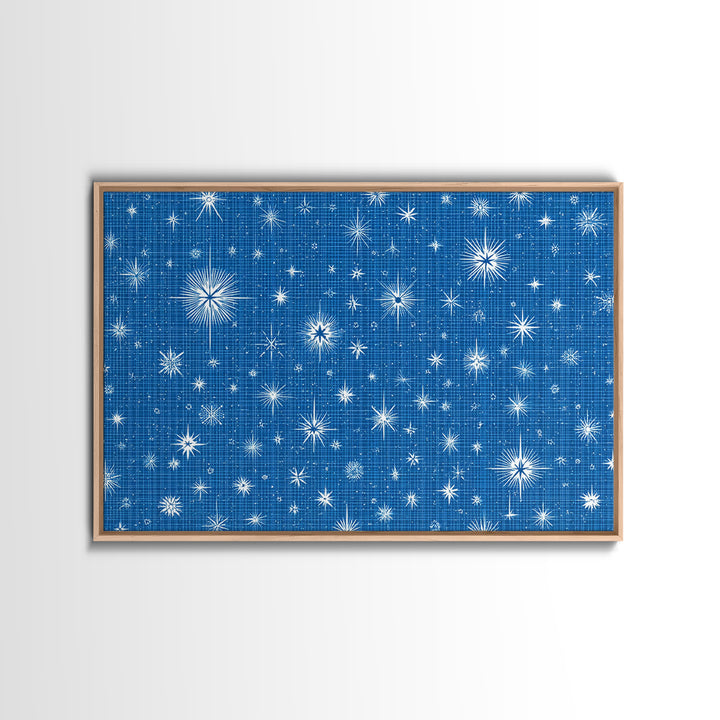 Blue Blueprint Atomic Starburst Wall Art, Midcentury Modern Art Print, Retro Geometric Pattern, Office Decor Canvas Print