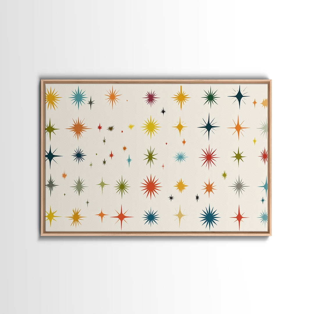 Cream Atomic Starburst Pattern Wall Art, Midcentury Modern Print, Retro 50s Colorful Home Decor, MCM Framed Canvas Print