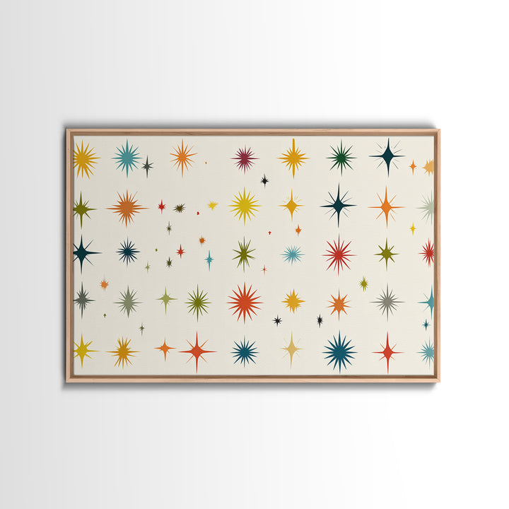 Cream Atomic Starburst Pattern Wall Art, Midcentury Modern Print, Retro 50s Colorful Home Decor, MCM Framed Canvas Print