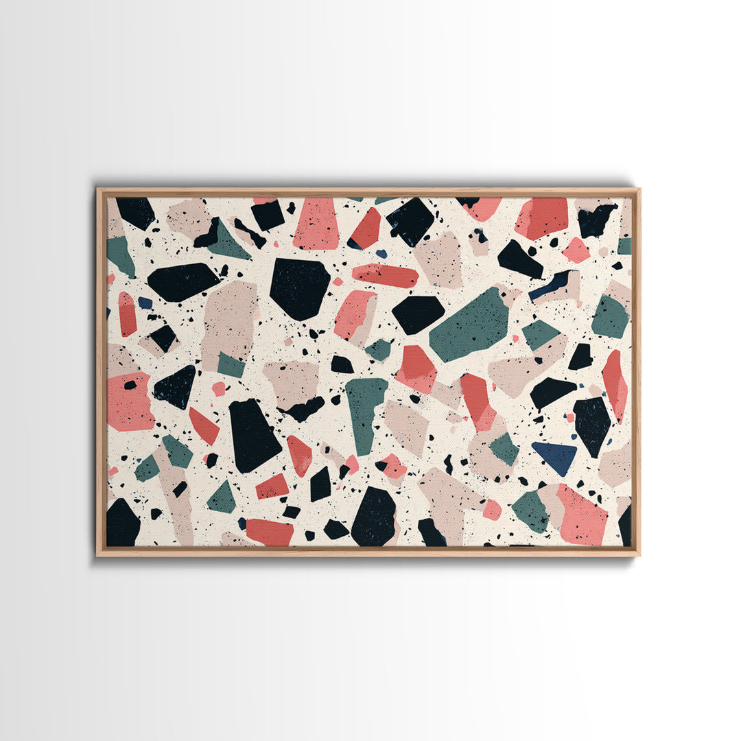 Coral Teal Terrazzo Abstract Wall Art, Midcentury Modern Art Print, Retro Geometric Pattern Home Decor, Framed Canvas Print