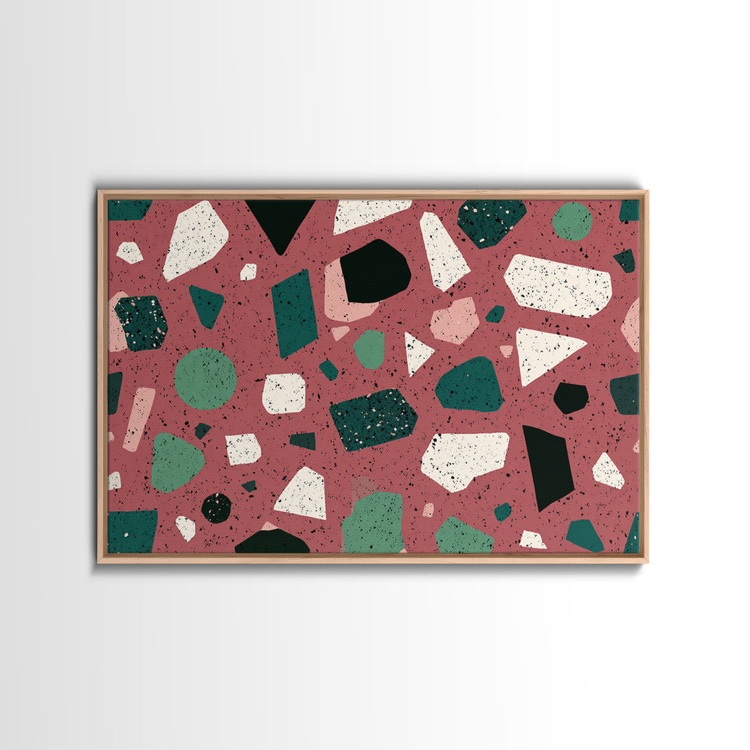 Rose Green Terrazzo Abstract Wall Art, Midcentury Modern Print, MCM Retro Geometric Pattern Home Decor, Framed Canvas Print