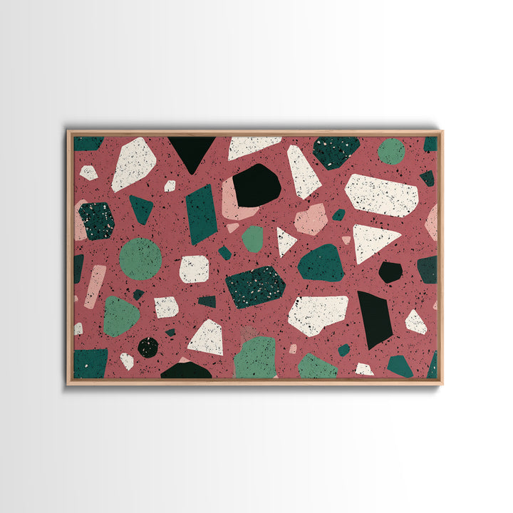 Rose Green Terrazzo Abstract Wall Art, Midcentury Modern Print, MCM Retro Geometric Pattern Home Decor, Framed Canvas Print