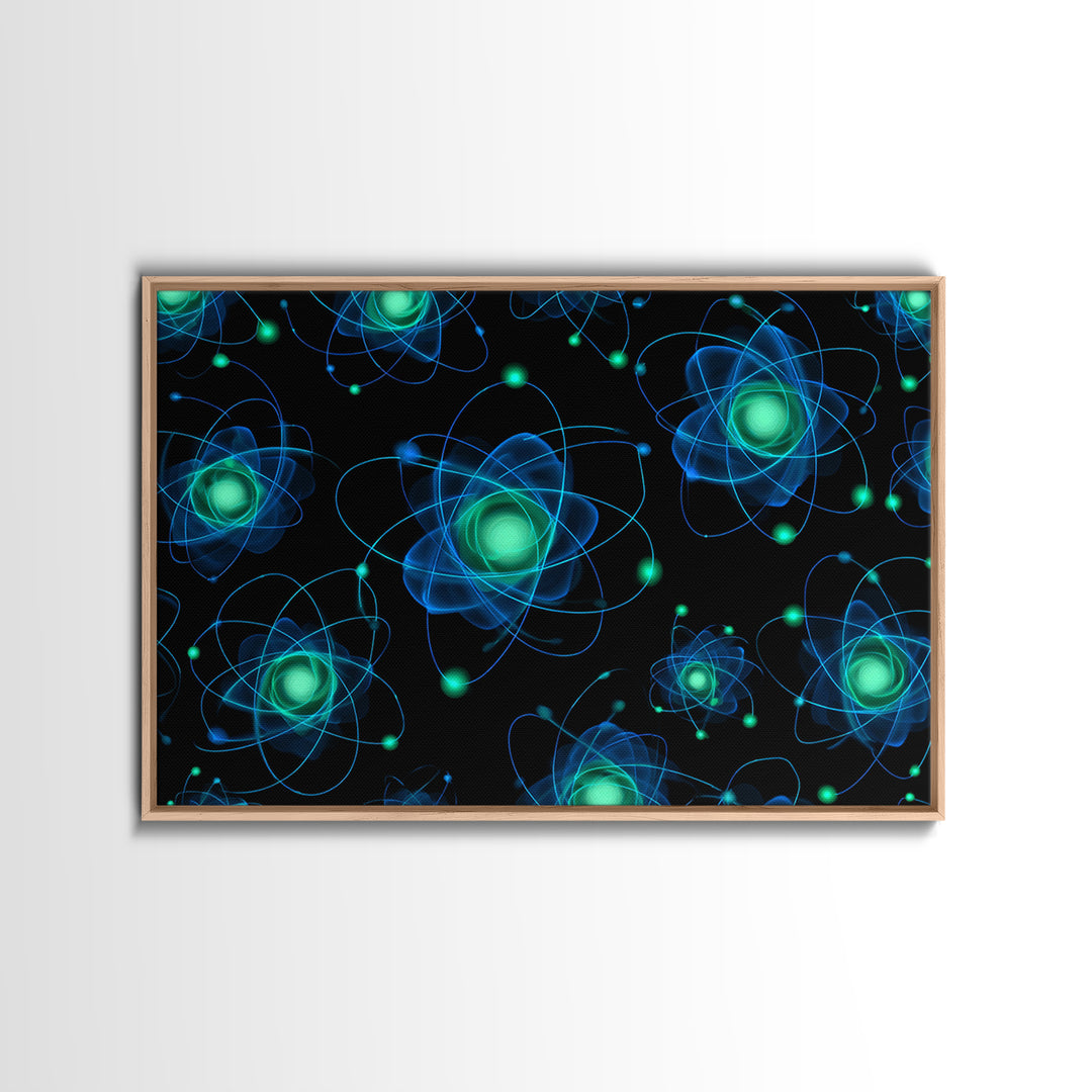 Glowing Blue Green Atomic Orbit Pattern Wall Art, Mid Century Modern Decor, Retro Sci Fi Poster, MCM Wall Decor, Geometric Art Print