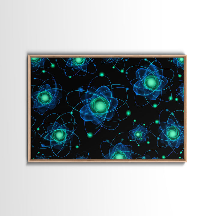 Glowing Blue Green Atomic Orbit Pattern Wall Art, Mid Century Modern Decor, Retro Sci Fi Poster, MCM Wall Decor, Geometric Art Print