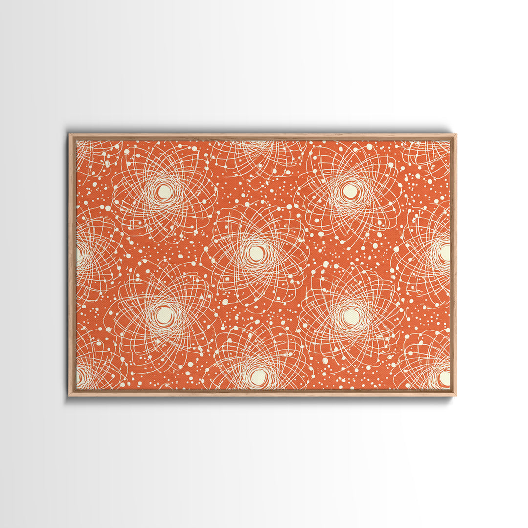 Orange White Atomic Orbit Pattern Canvas Print, Mid Century Modern Decor, Retro Science Poster, Geometric Wall Art, MCM Home Decor