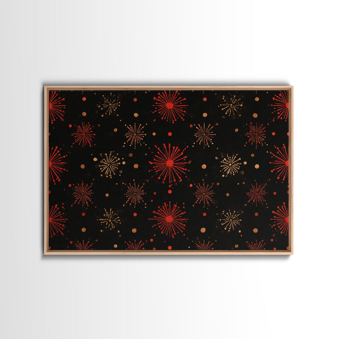 Red Gold Atomic Starburst Pattern Wall Art, Mid Century Modern Decor, Retro 1950s Poster, Black Wall Decor, MCM Geometric Art Print