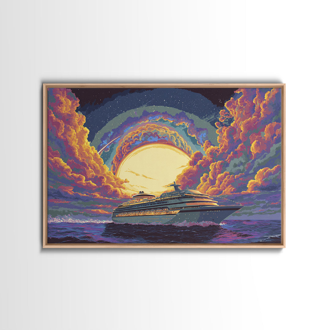 Moonlit Cruise Ship At Sea Canvas Print, Retro Travel Poster, Celestial Ocean Wall Art, Coastal Decor, Colorful Nautical Art