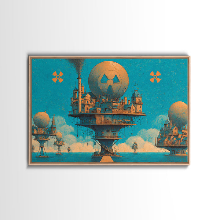 Floating Nuclear City Wall Art, Retro Sci Fi Poster, Industrial Dystopian Decor, Teal Orange Canvas Print, Statement Art